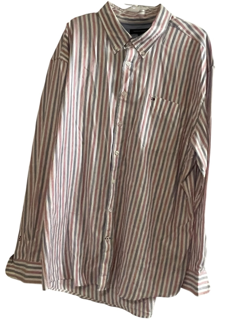 VINTAGE Tommy Hilfiger White, Red & Blue Striped Button-Up Shirt - 3XL